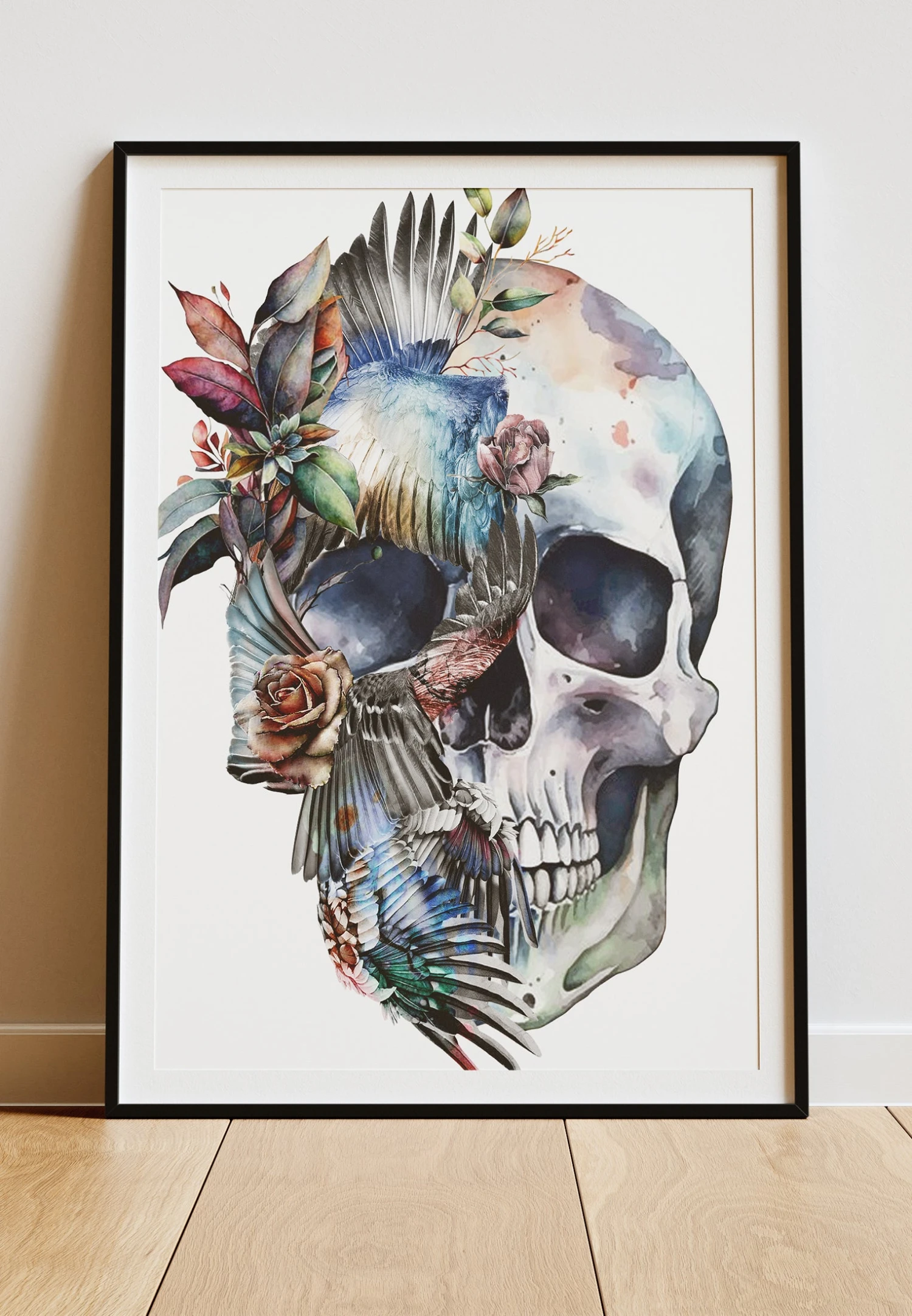 DIGITAL PRINT FLORAL WINGS SKULL ART POSTER WHITE 1 DIGITAL PRINT FLORAL WINGS SKULL ART POSTER WHITE