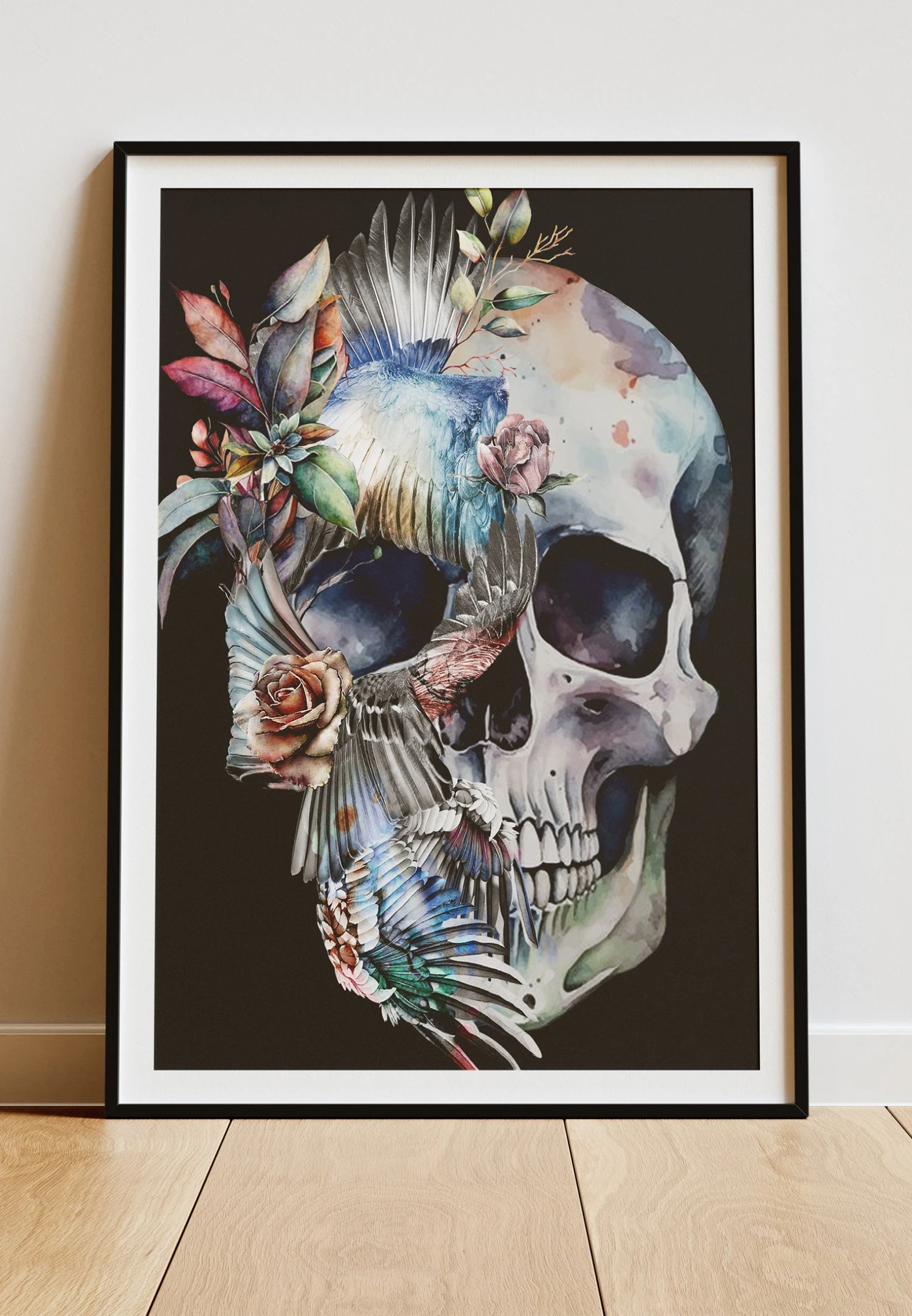DIGITAL PRINT FLORAL WINGS SKULL ART POSTER BLACK 1 DIGITAL PRINT FLORAL WINGS SKULL ART POSTER BLACK