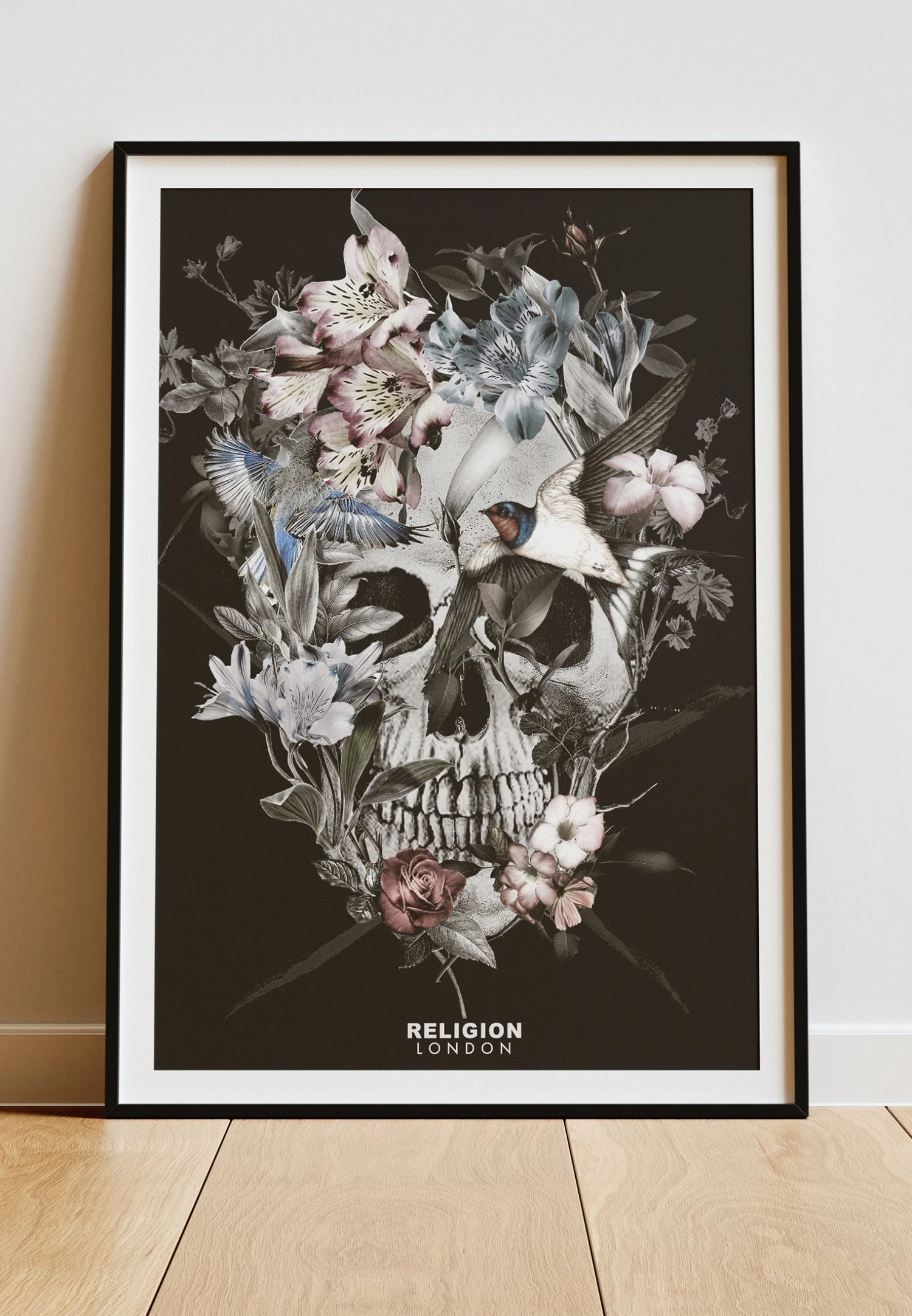 DIGITAL PRINT FLORAL SKULL ART POSTER BLACK 1 DIGITAL PRINT FLORAL SKULL ART POSTER BLACK