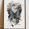 DIGITAL PRINT BUTTERFLY SKULL ART POSTER WHITE