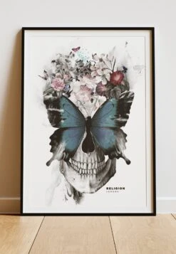 DIGITAL PRINT BUTTERFLY SKULL ART POSTER WHITE