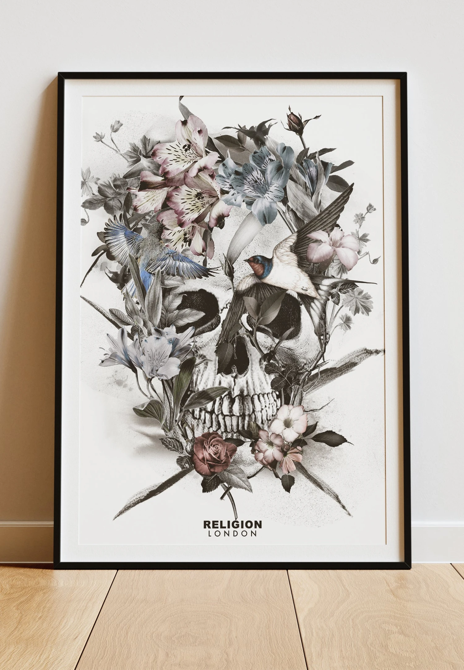 DIGITAL PRINT FLORAL SKULL ART POSTER WHITE 1 DIGITAL PRINT FLORAL SKULL ART POSTER WHITE
